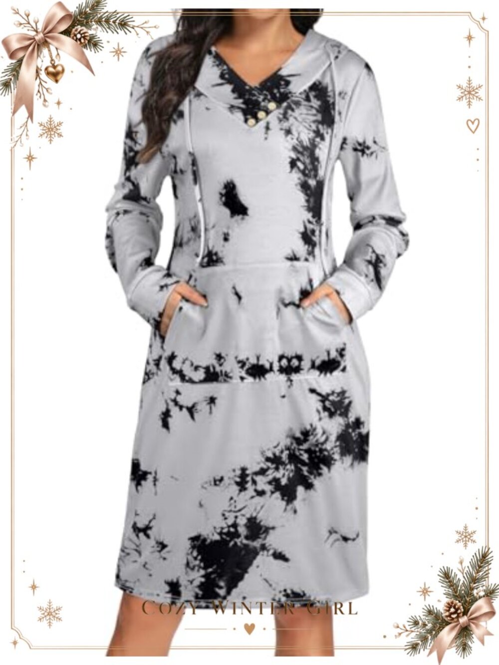 Women's Hoodie Dress V Neck Button Kangaroo Pocket Knee Length Casual Sweatshirt